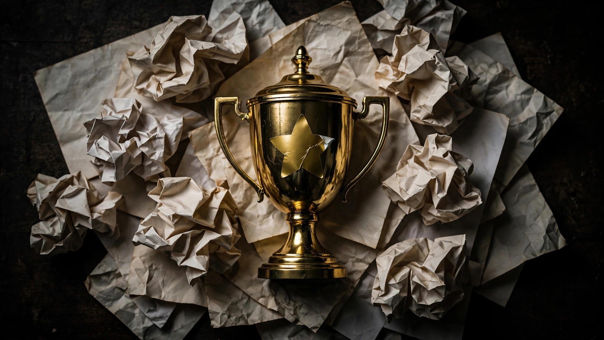 Gold safety award trophy atop accident reports