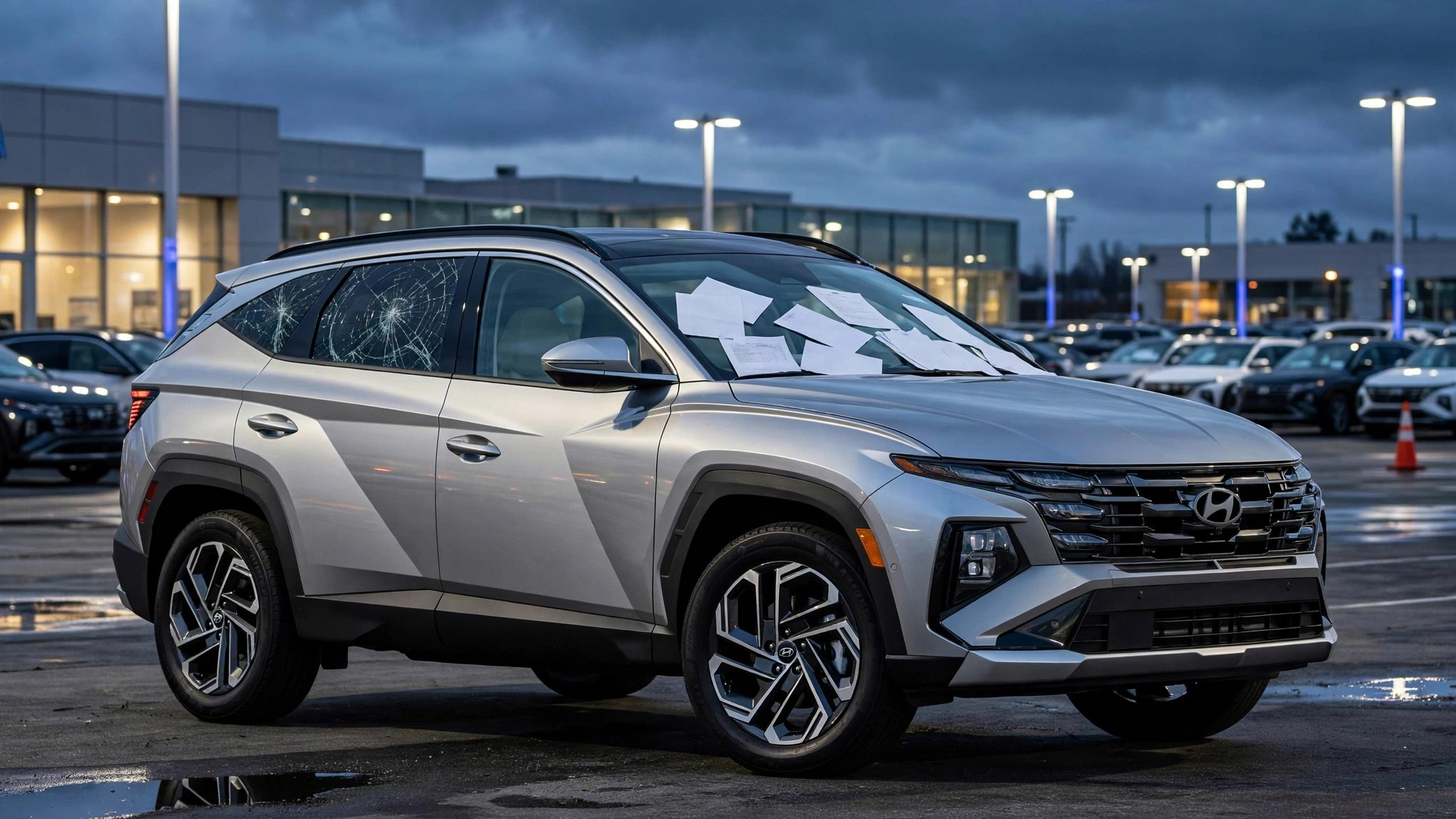 A 2025 Hyundai Tucson at a dealership with recall notices