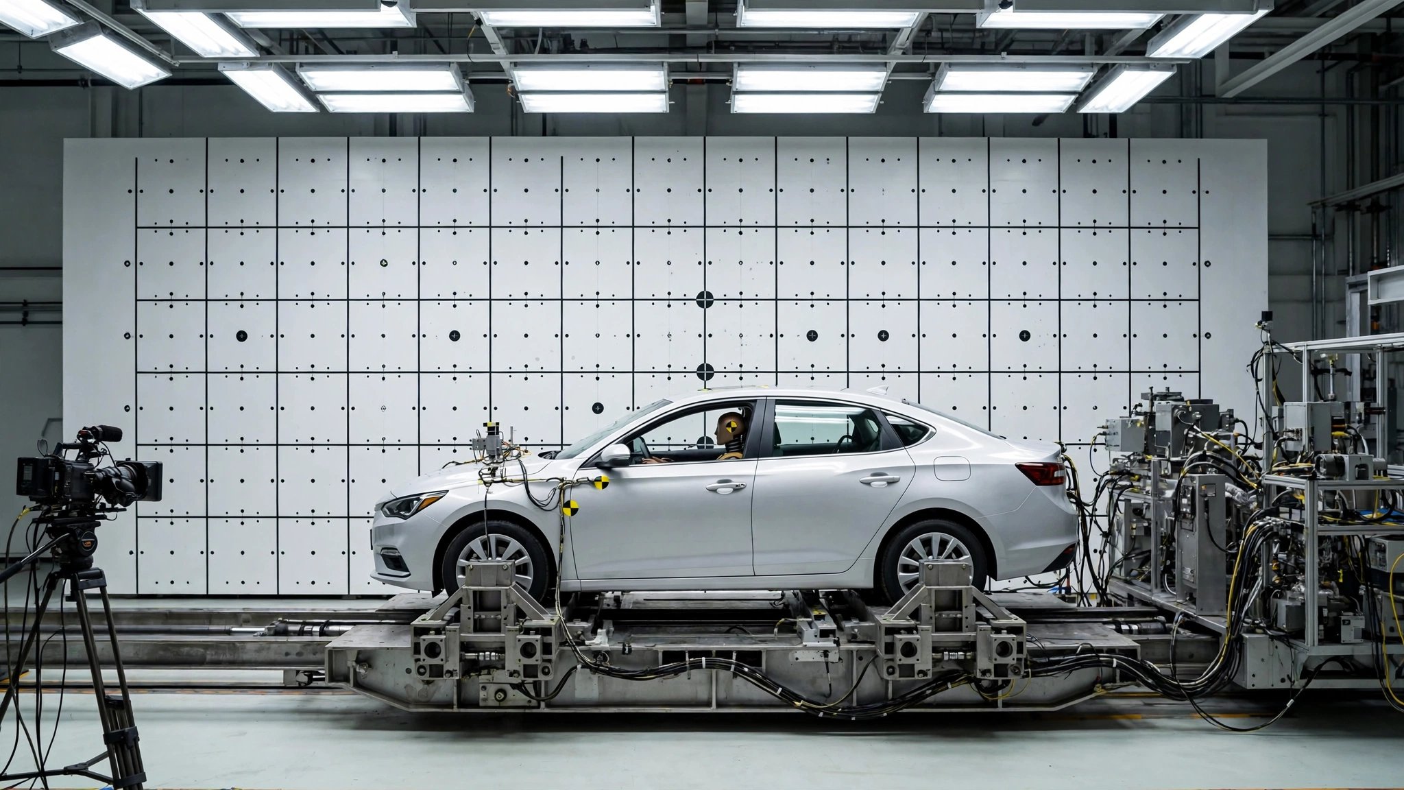 Crash test facility with a vehicle mounted on a sled under clinical overhead lighting