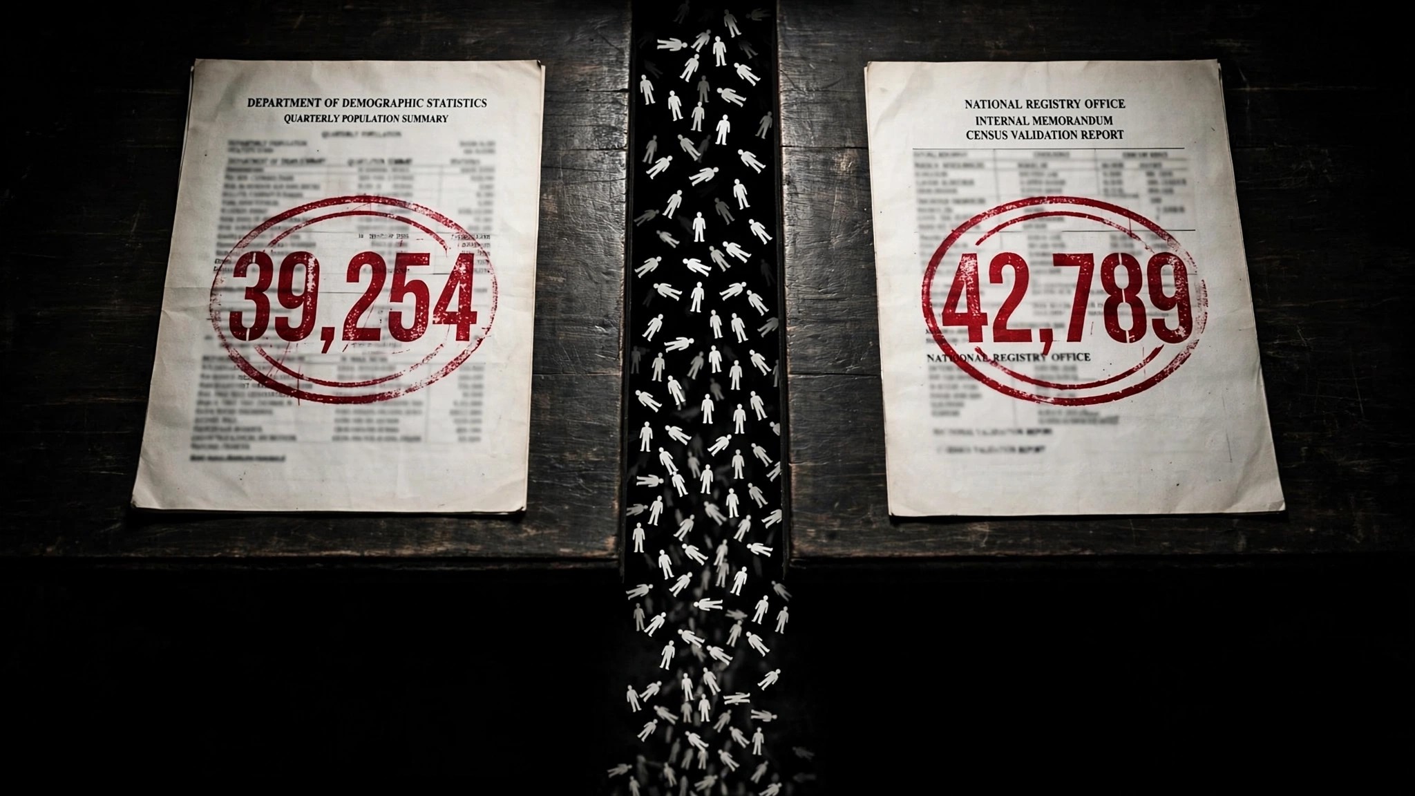 Two official documents with conflicting death counts, figures falling through the gap