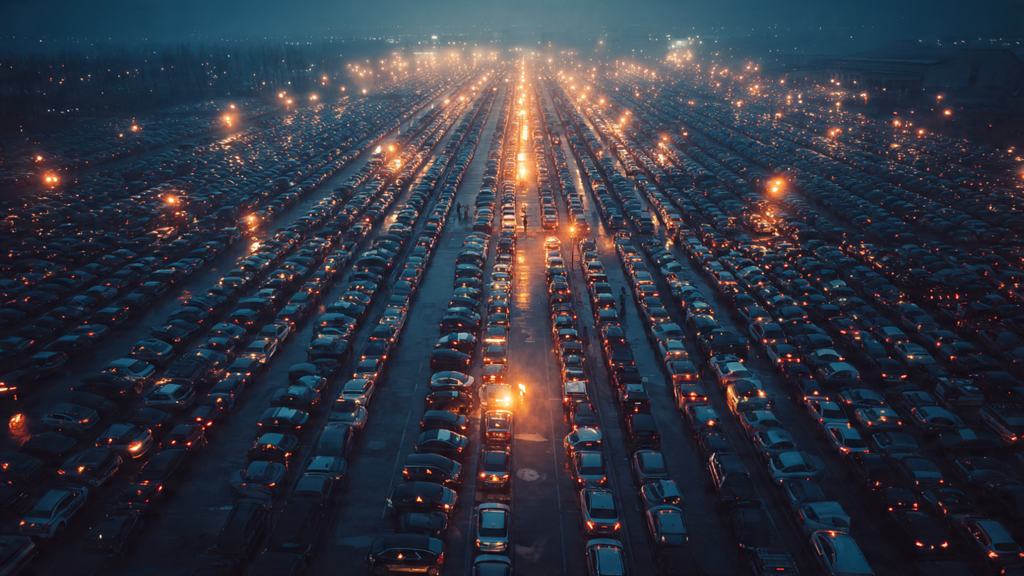 Rows of parked cars in a dealer lot at dusk with a red recall warning overlay on the windshields