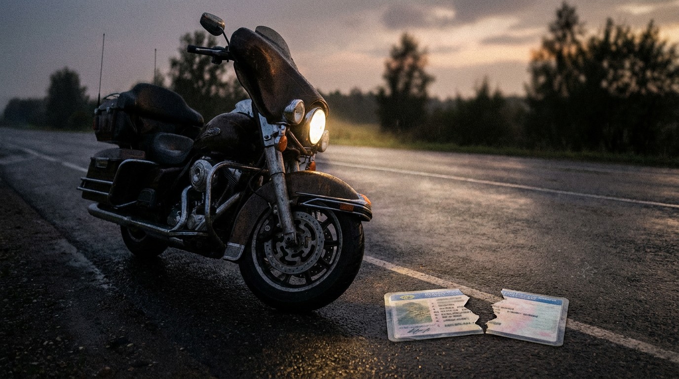 Motorcycle parked on empty road at dusk with torn license card