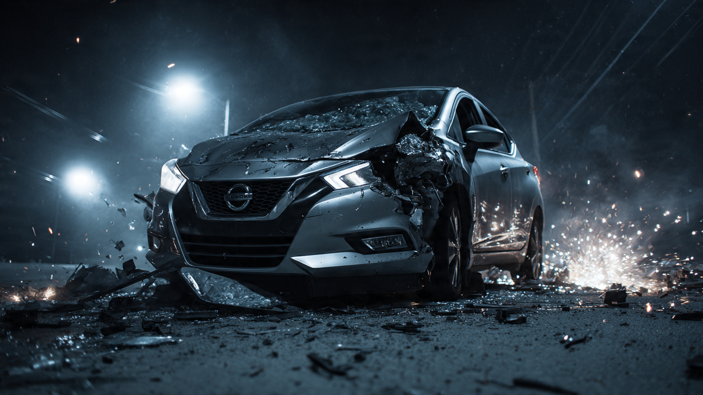 Crushed silver Nissan Versa after frontal collision with large SUV