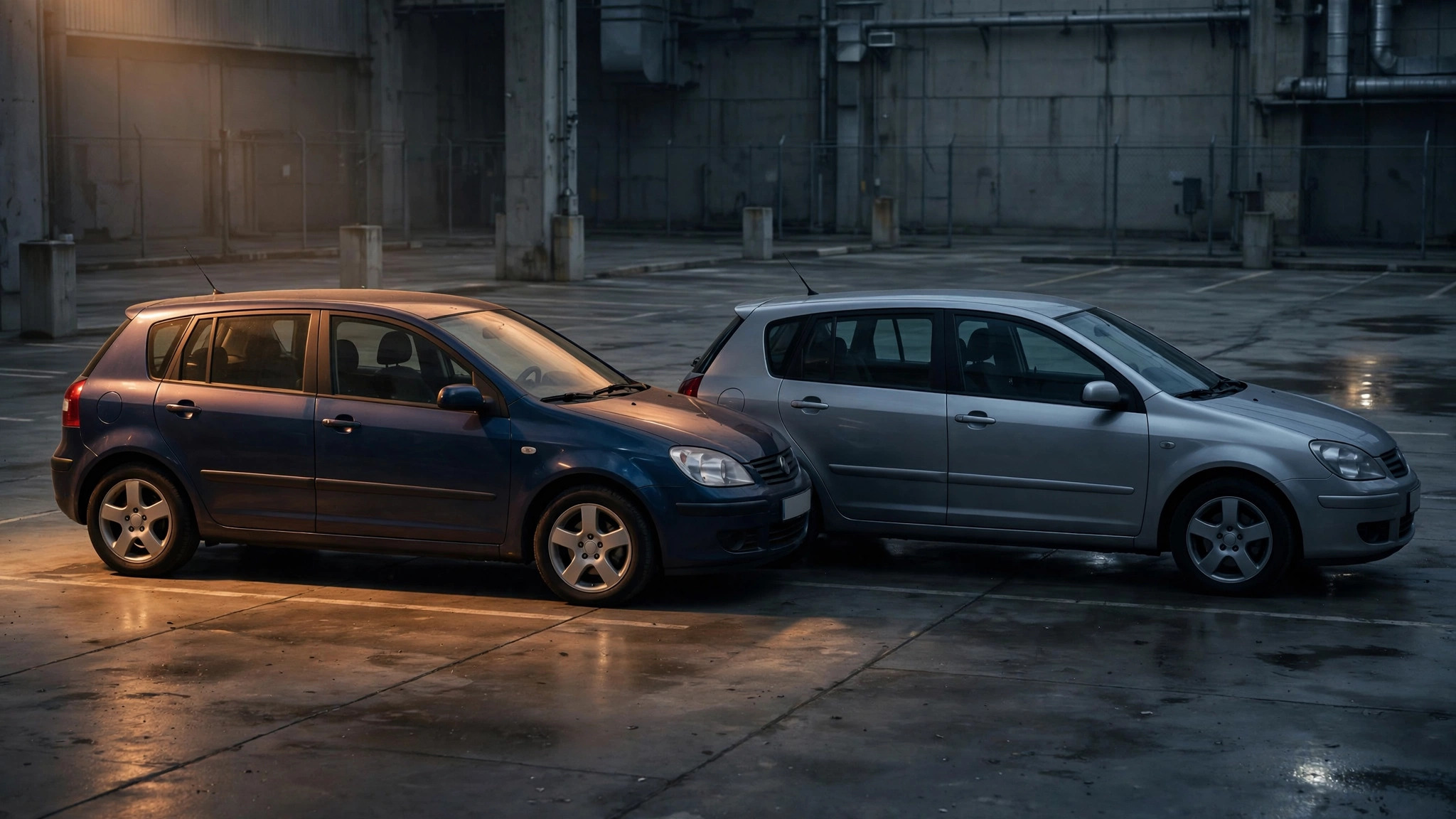 Two identical compact hatchbacks in a forensic lineup
