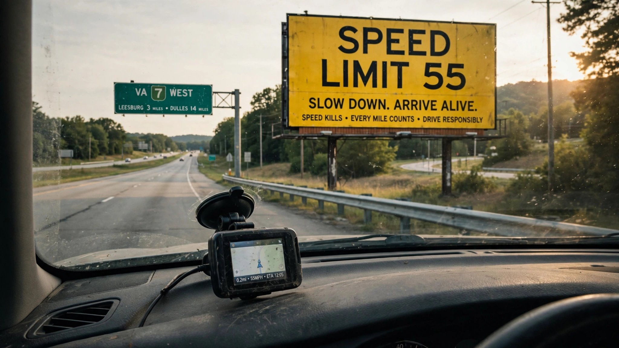 GPS device on dashboard with speed limit billboard on a Virginia highway