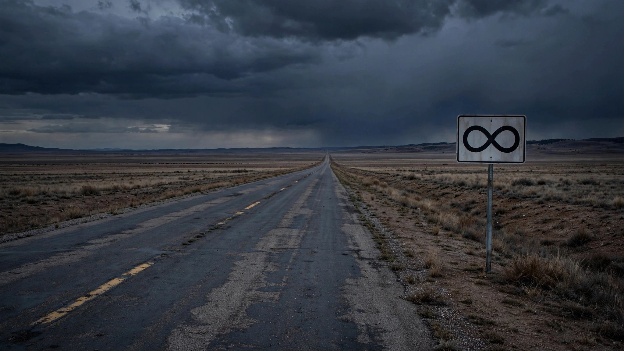An empty highway stretching toward a vanishing point under an overcast sky