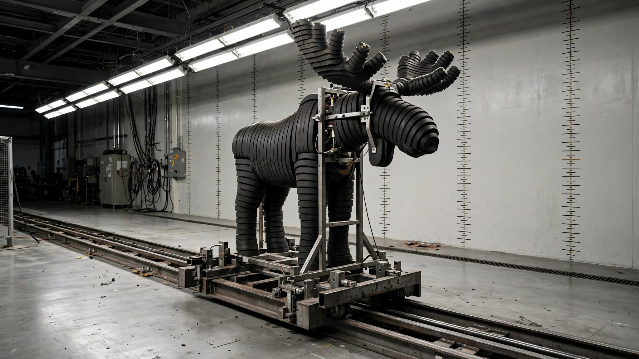 Rubber moose crash test dummy in testing facility