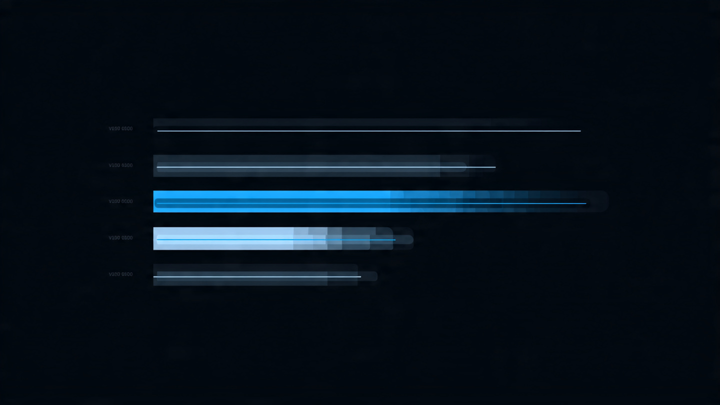 Abstract data visualization with horizontal variance bars of different lengths on a dark background, the shortest bar highlighted in blue