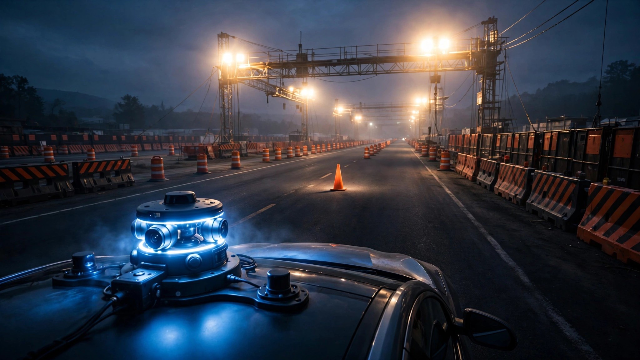 A single orange traffic cone on a dark highway construction zone with autonomous vehicle LIDAR glow