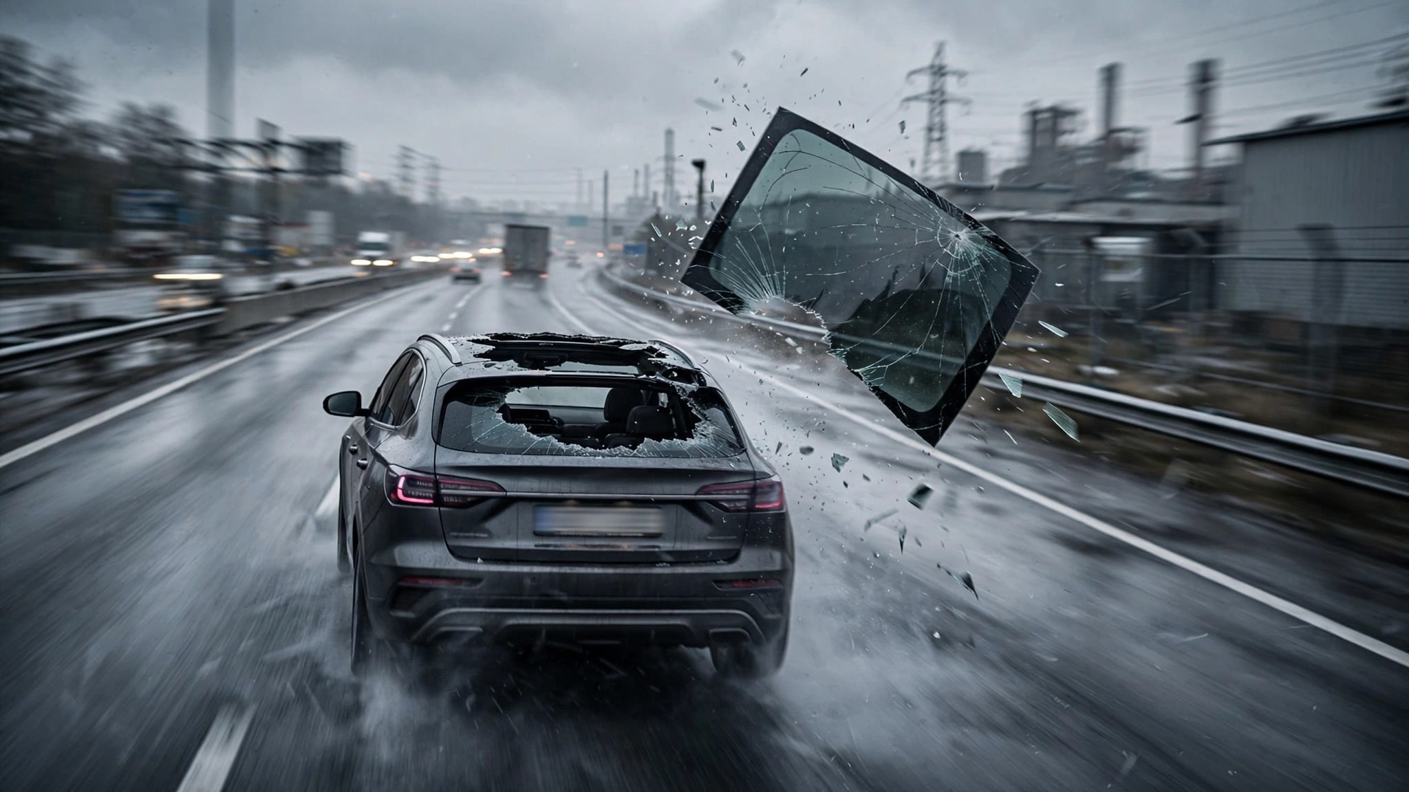 Car moonroof glass panel separating from vehicle at highway speed