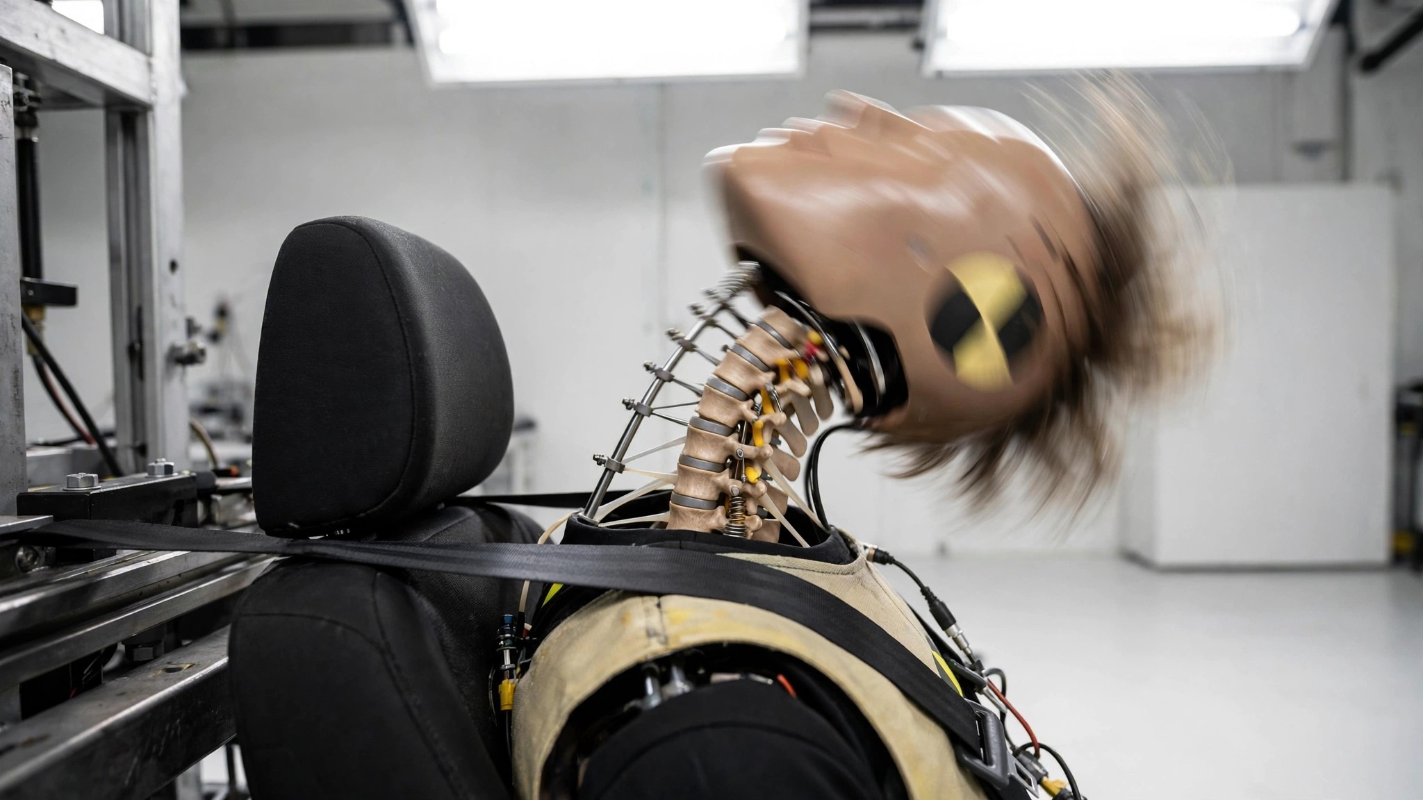 A crash test dummy's head and neck mid-whiplash motion against a clinical test facility background