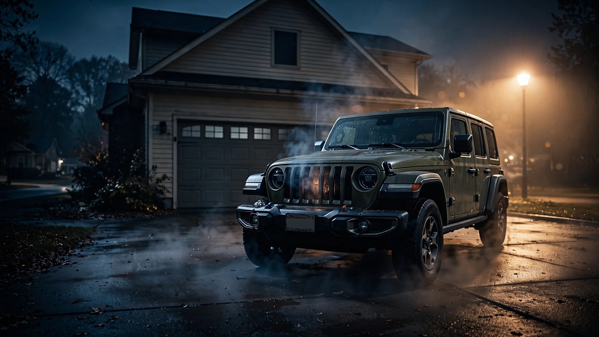 Jeep Wrangler parked alone in a suburban driveway at night with smoke wisping from under the hood