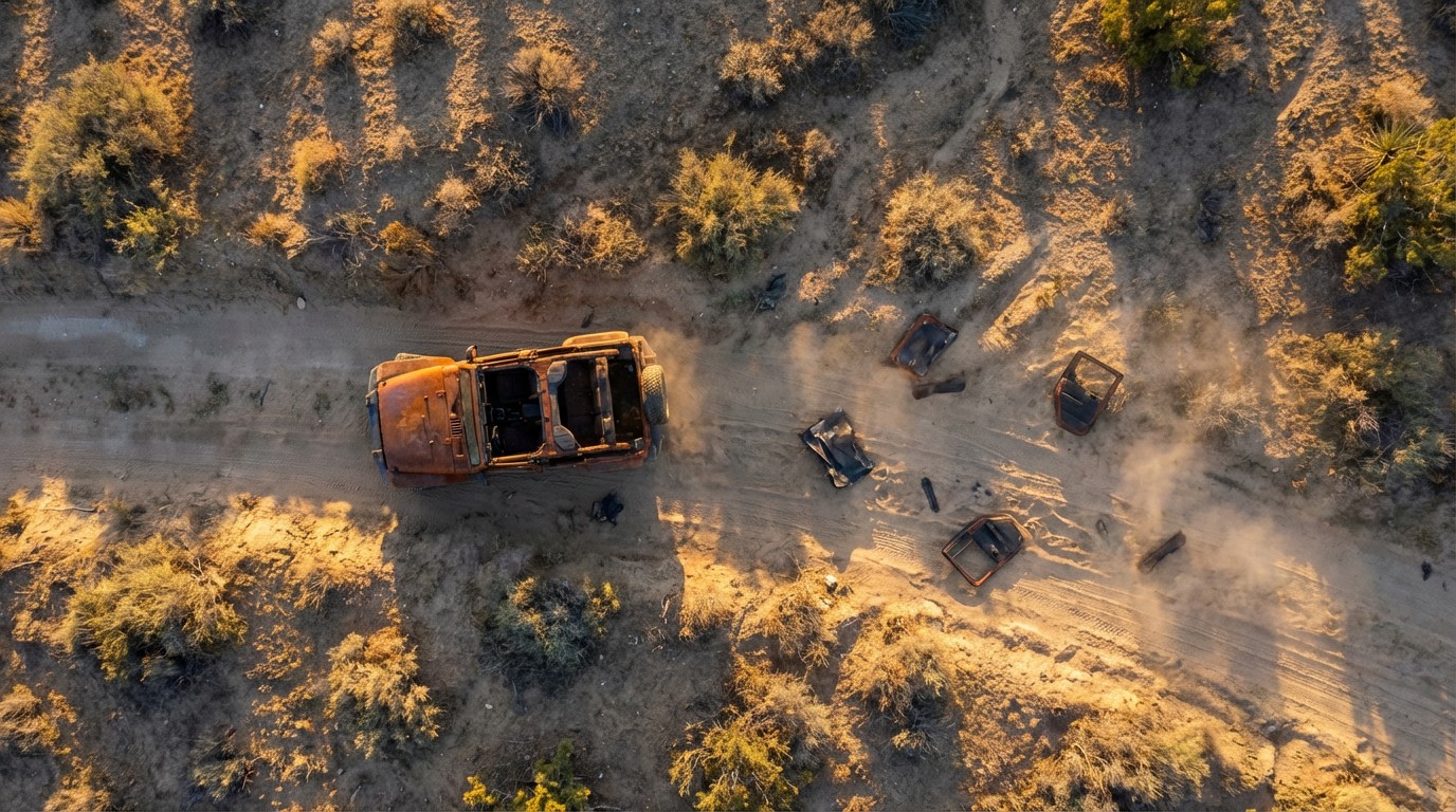 A Jeep Wrangler flipped on a dusty trail road at golden hour