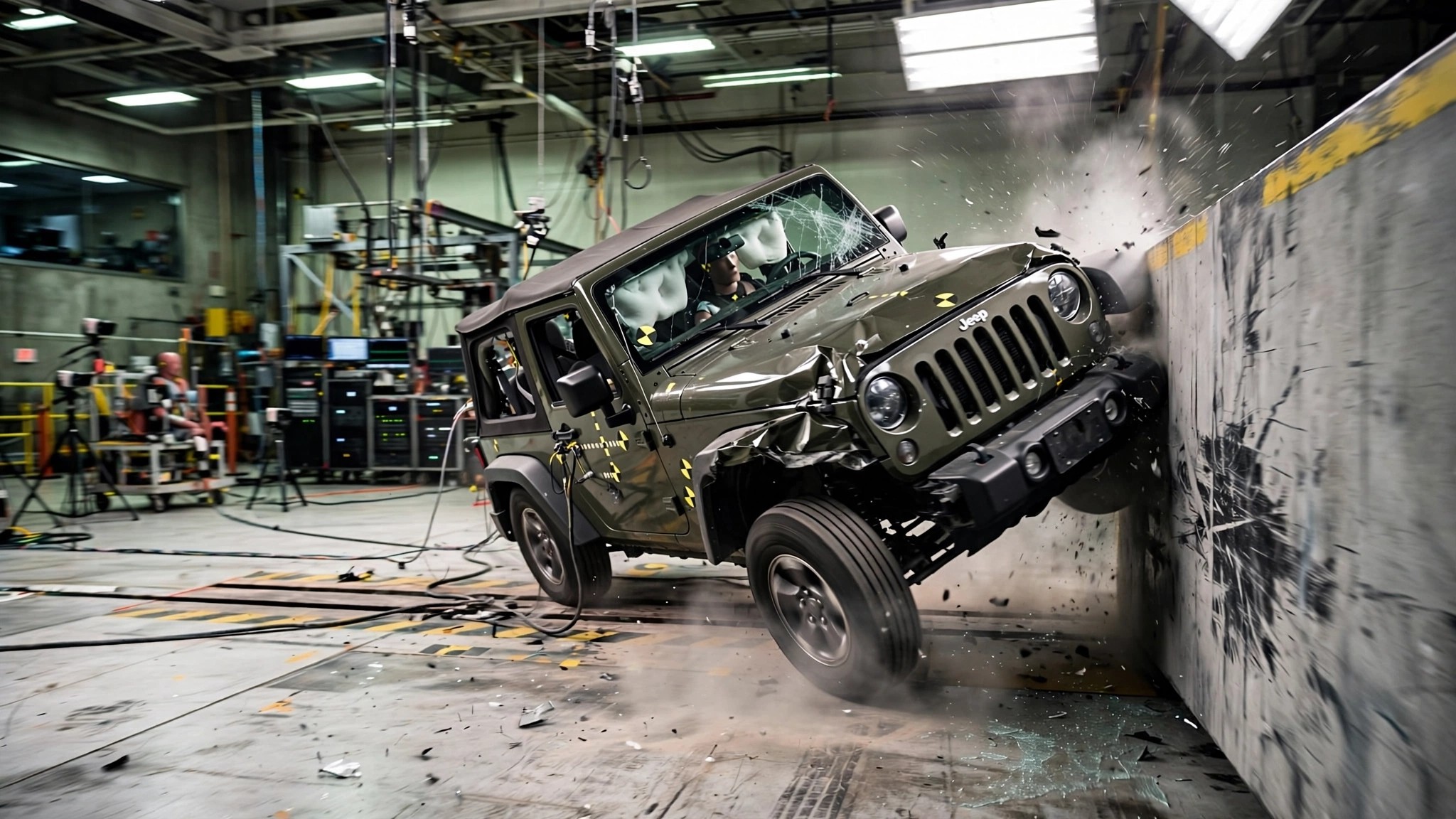 A Jeep Wrangler SUV tipping onto its side during a controlled crash test at an automotive safety testing facility