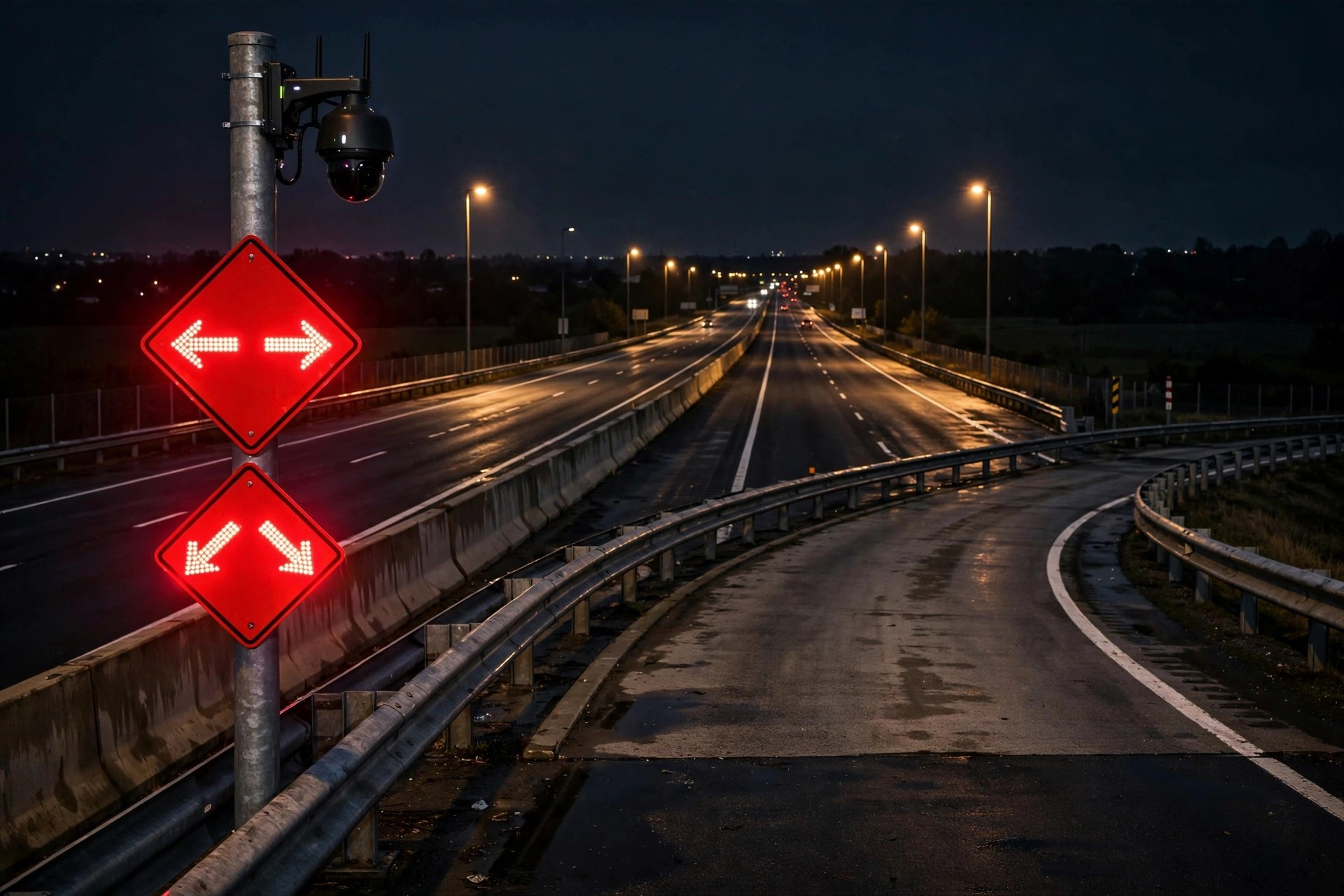 Highway exit ramp at night with wrong-way detection camera and red warning signs