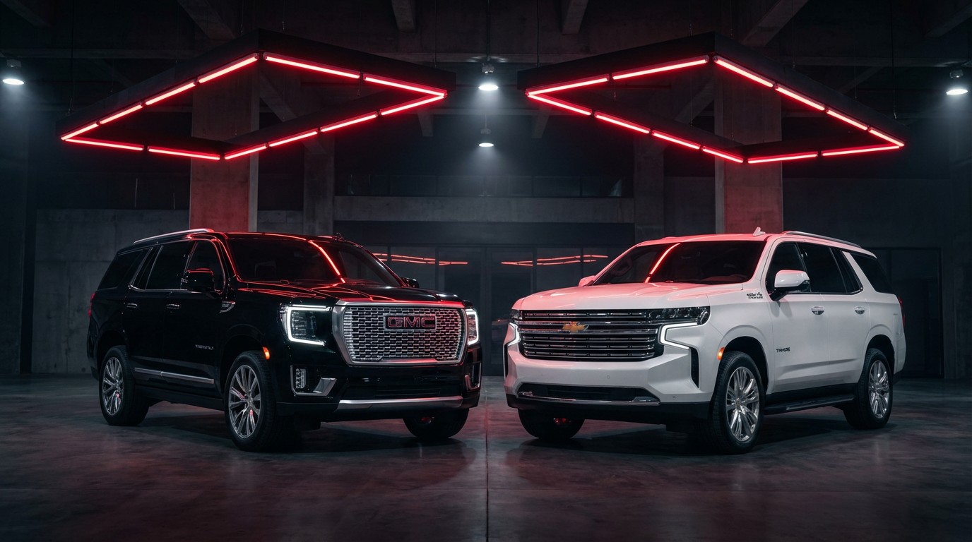 GMC Yukon and Chevrolet Tahoe side by side in dark showroom