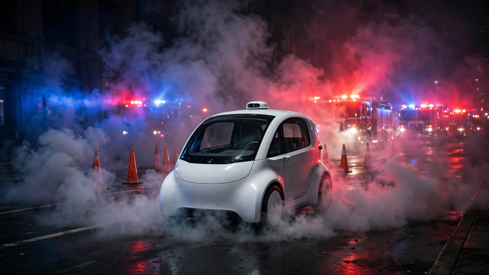 Autonomous vehicle stopped in smoke near emergency scene
